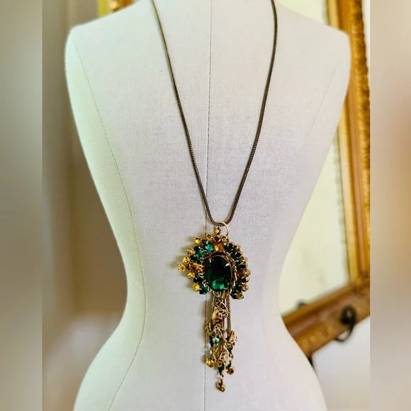 Vintage ANTIQUE Green PendantCrystal Tassel